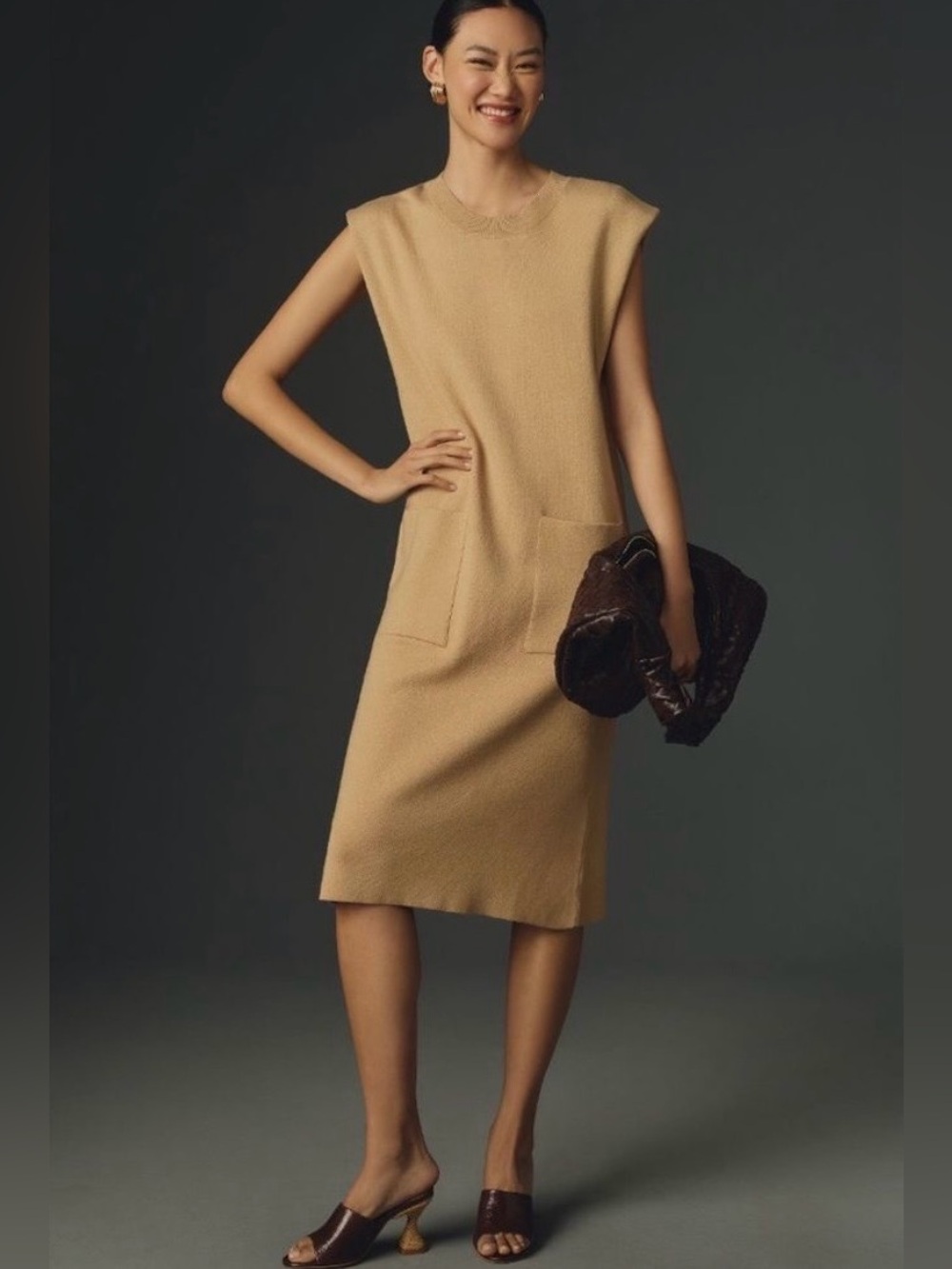 Anthropologie Maeve Muscle Column Midi Dress in Camel Medium NWT